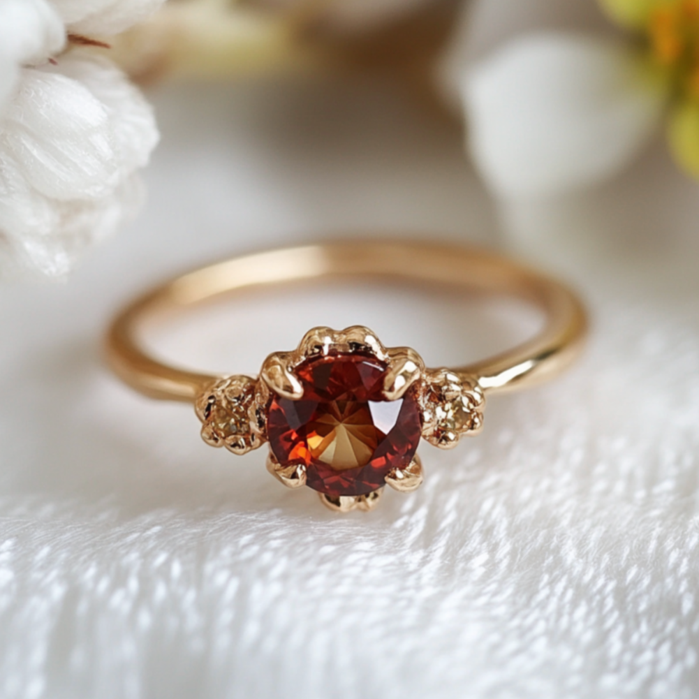A dainty garnet engagement ring with a textured gold band and a larger garnet centerpiece, surrounded by smaller clear stones.