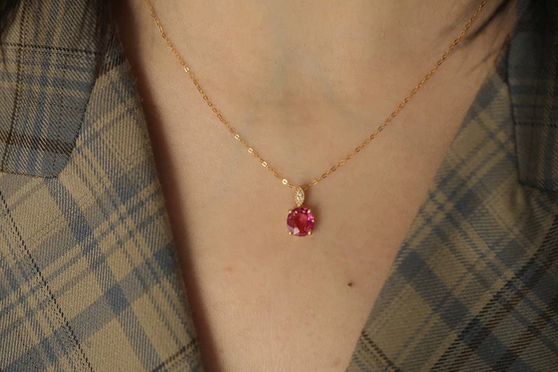 Persimmon, 18k Gold Dark Pink Tourmaline Necklace, Oval Tourmaline 18k Gold Necklace
