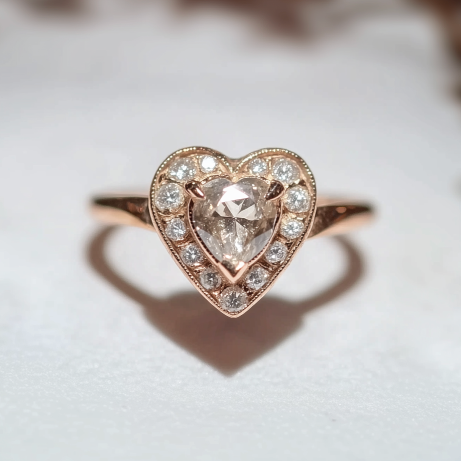 A heart-shaped salt and pepper diamond ring with accents, set in a gold mounting, photographically displayed against a white background with a shadow.