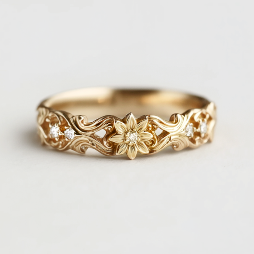Gold ring with floral design and small diamonds on a light gray background