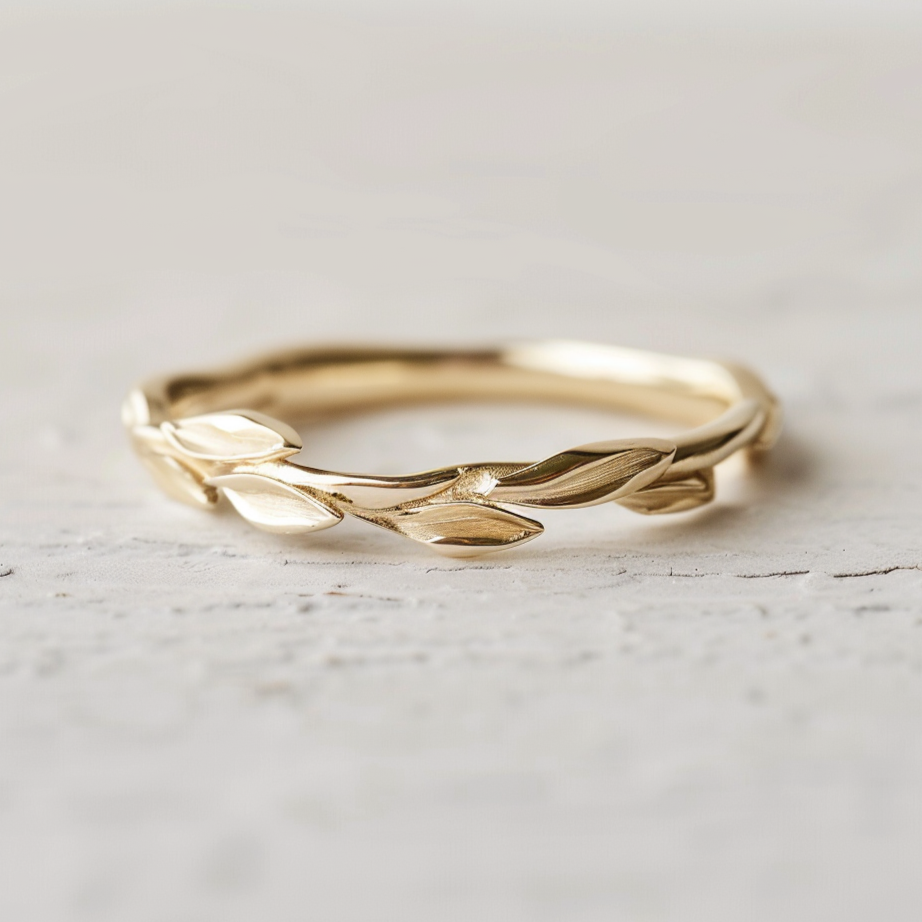 Lily Feather, 14k Gold Wedding Matching Leafy Ring