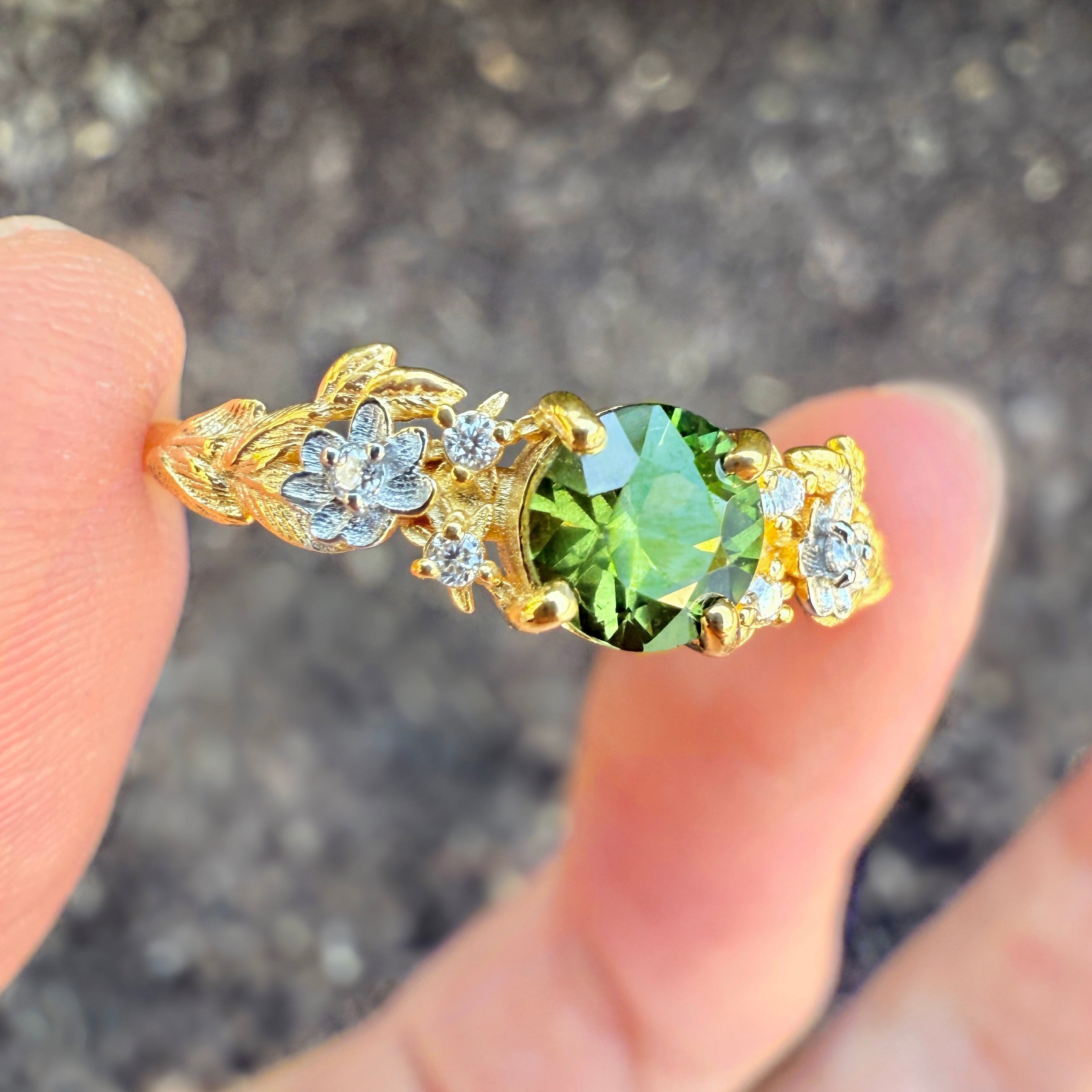 Yellow Gold Green Sapphire ring, Rare Green Blue Sapphire Engagement ring