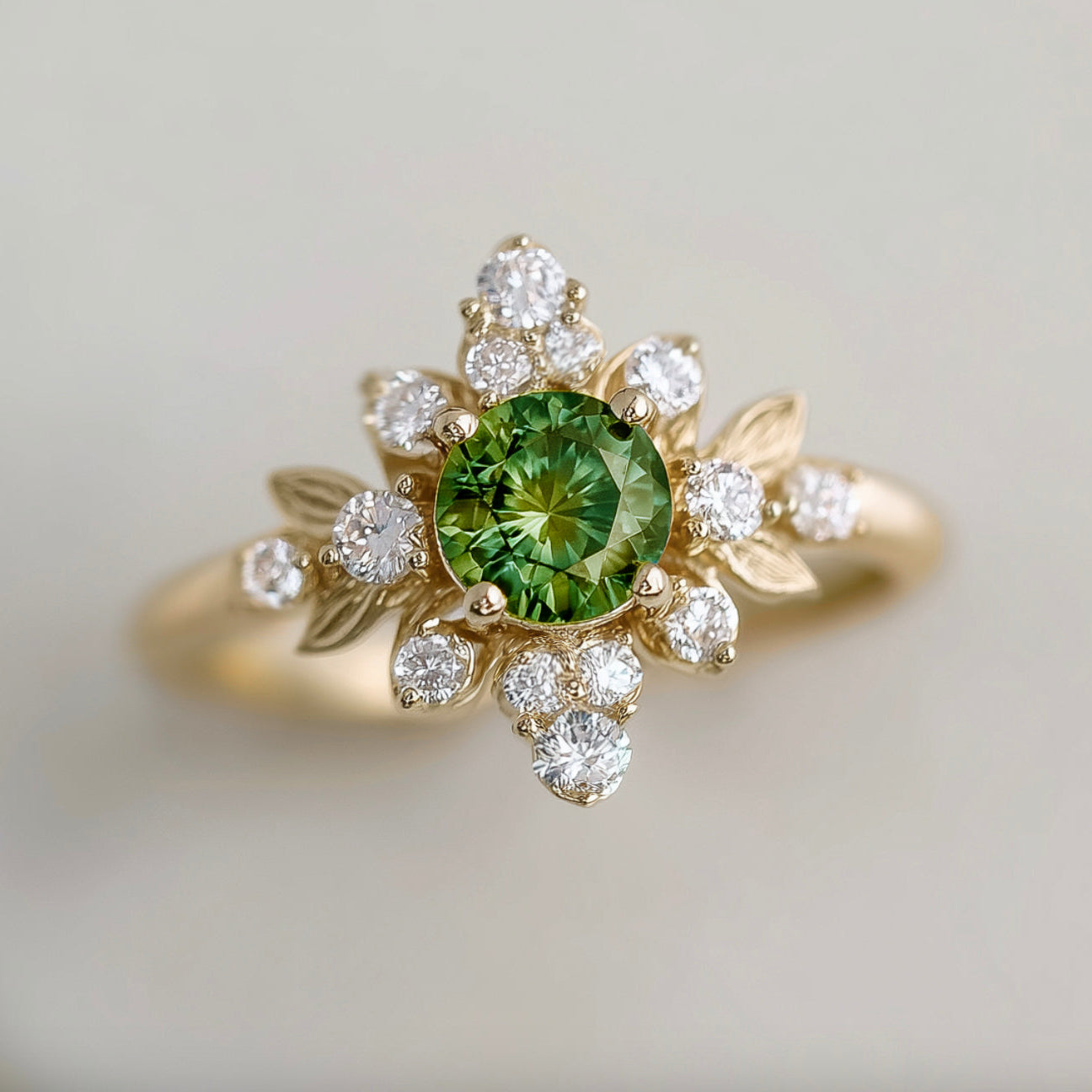 Gold ring with a green gemstone and diamond accents on a light background