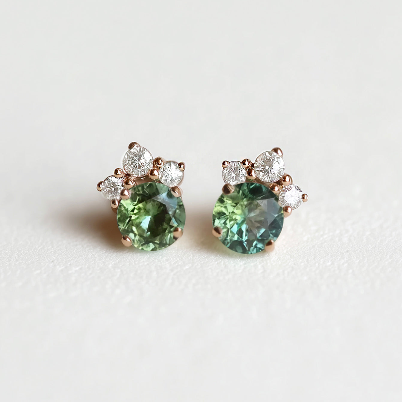 Dainty Blue Green Sapphire Studs Solid Gold, Green Sapphire Gold Earring studs