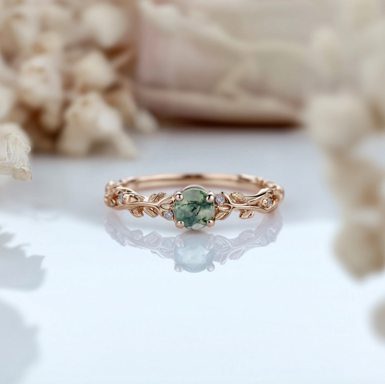 14k Round Moss agate Engagement ring, Moss agate Ring