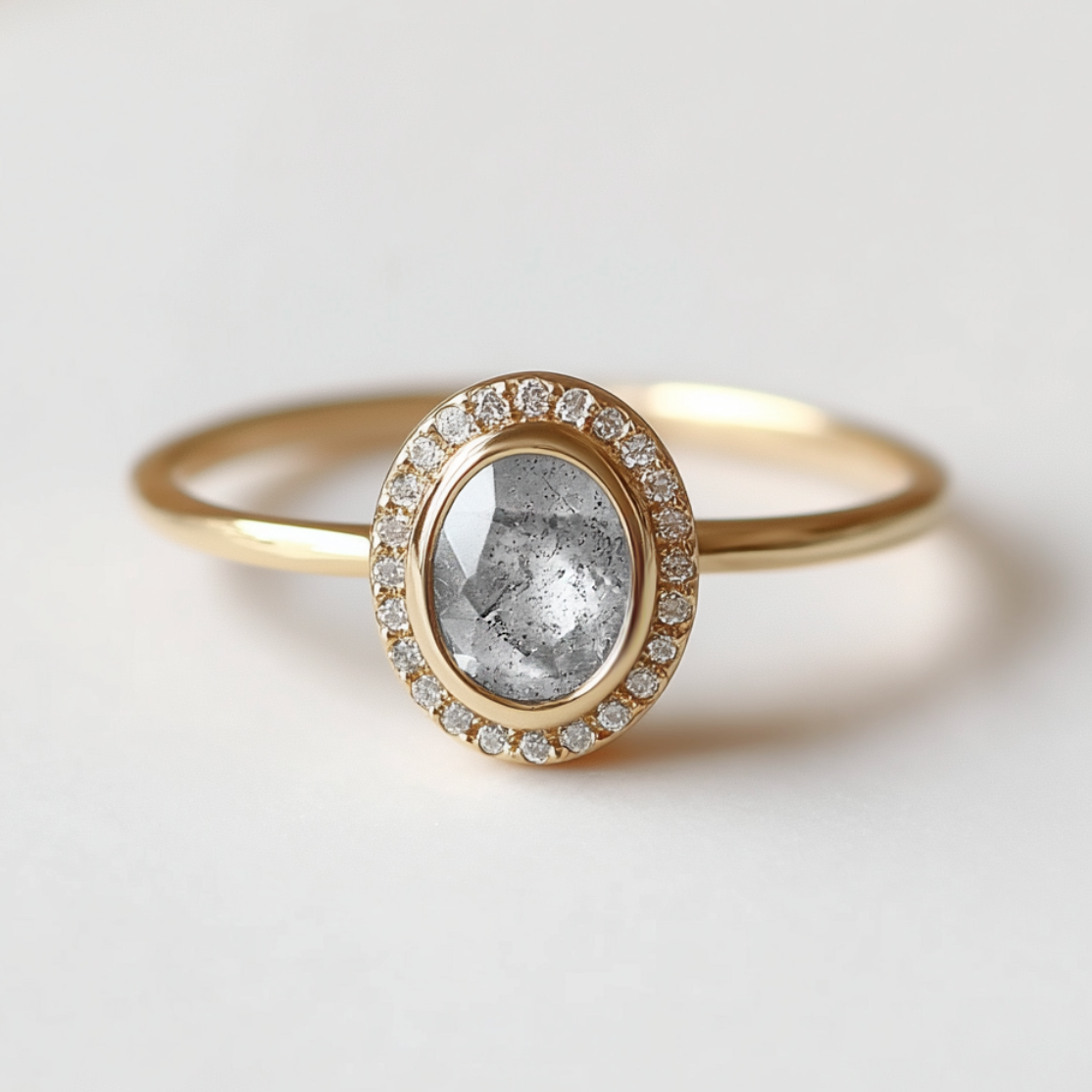 Gold ring with a central gemstone and diamond-studded halo on a light background
