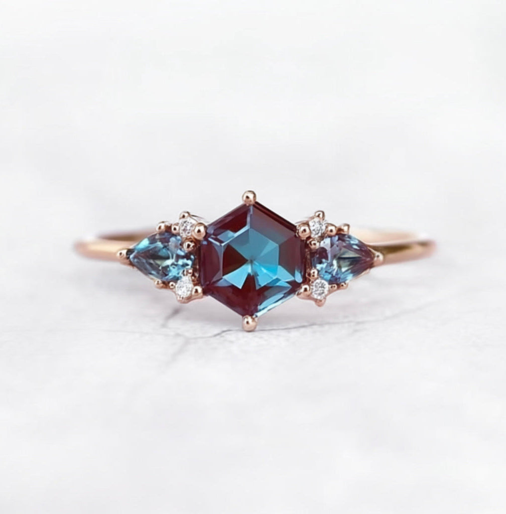 Hexagon Alexandrite Engagement ring, Dainty Alexandrite Ring