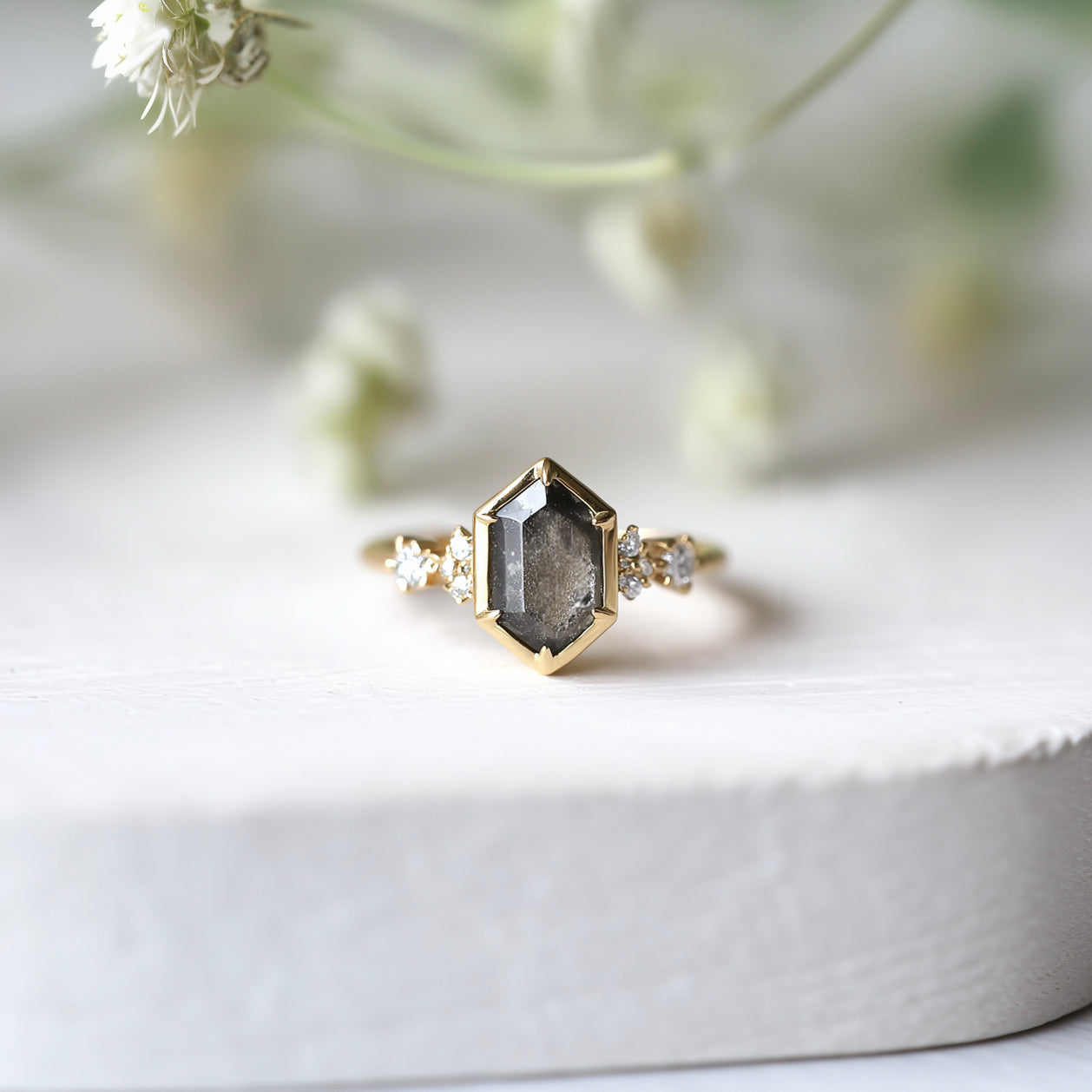 Black Hexagon Salt and Pepper Diamond Ring, Diamond Engagement Ring