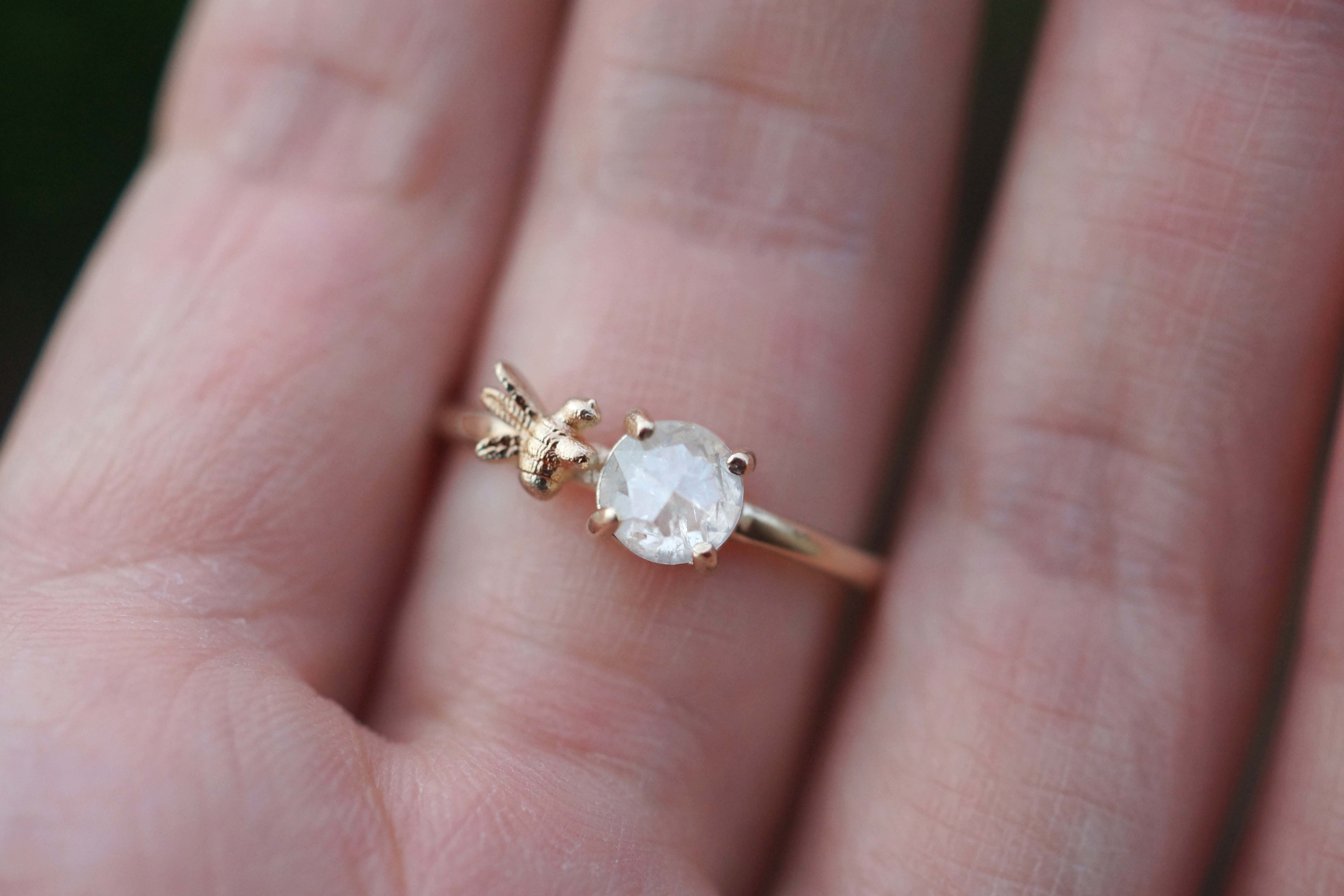 Little Bee Ring with Raw Diamond, Unique Raw Diamond Engagement Ring, Unique Gift