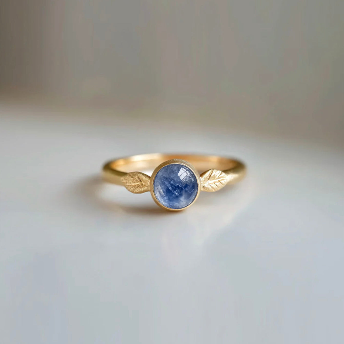 Angel Leaf Blue Kyanite Engagement Ring, Leafy Kyanite Ring Matte Finish