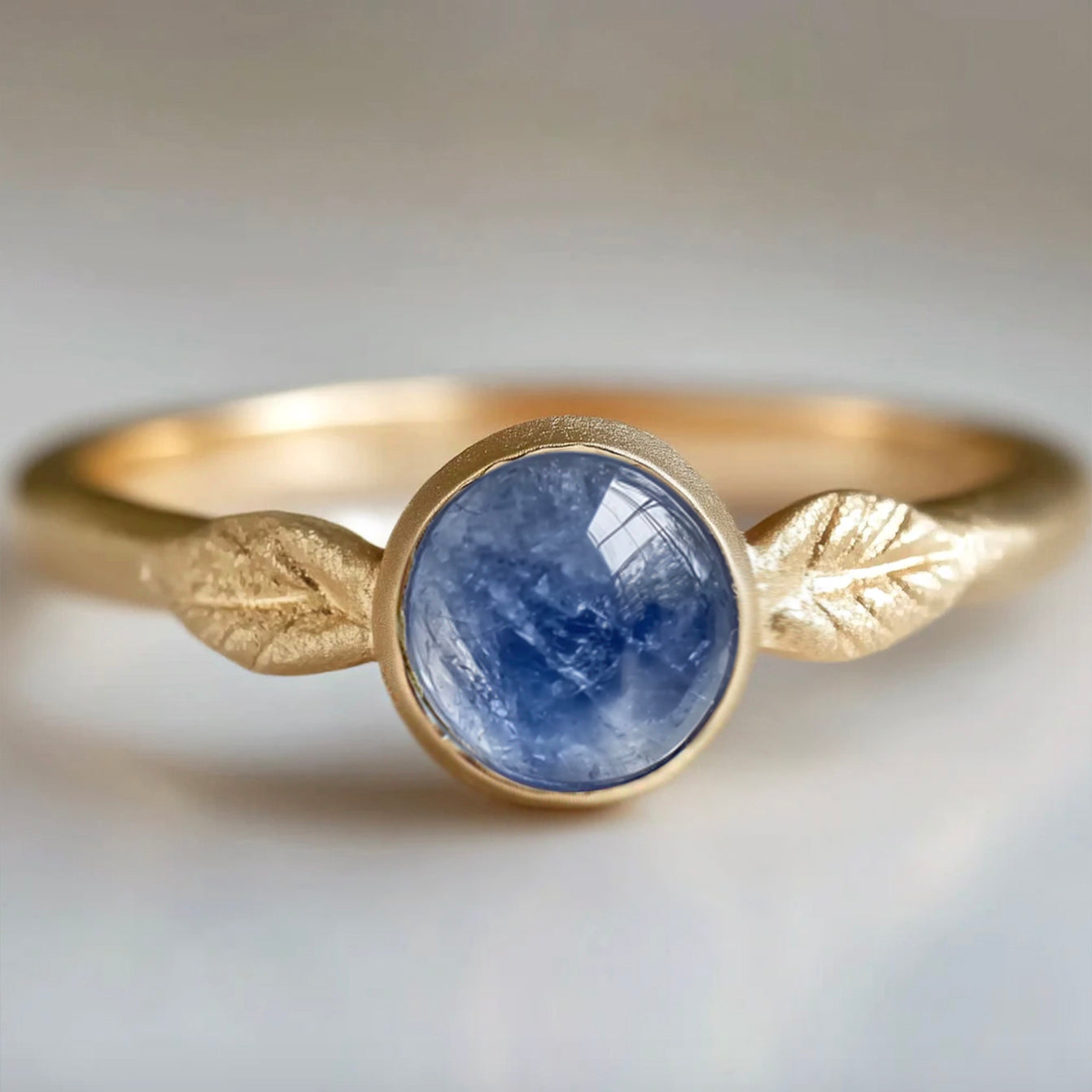 Angel Leaf Blue Kyanite Engagement Ring, Leafy Kyanite Ring Matte Finish