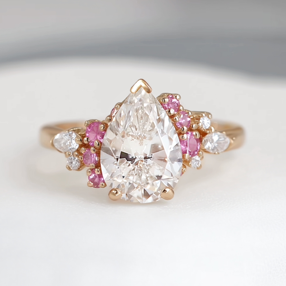 Diamond ring with pink gemstones on a white background