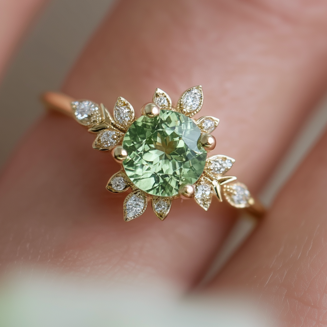 Gold ring with a green gemstone and diamond accents on a hand.