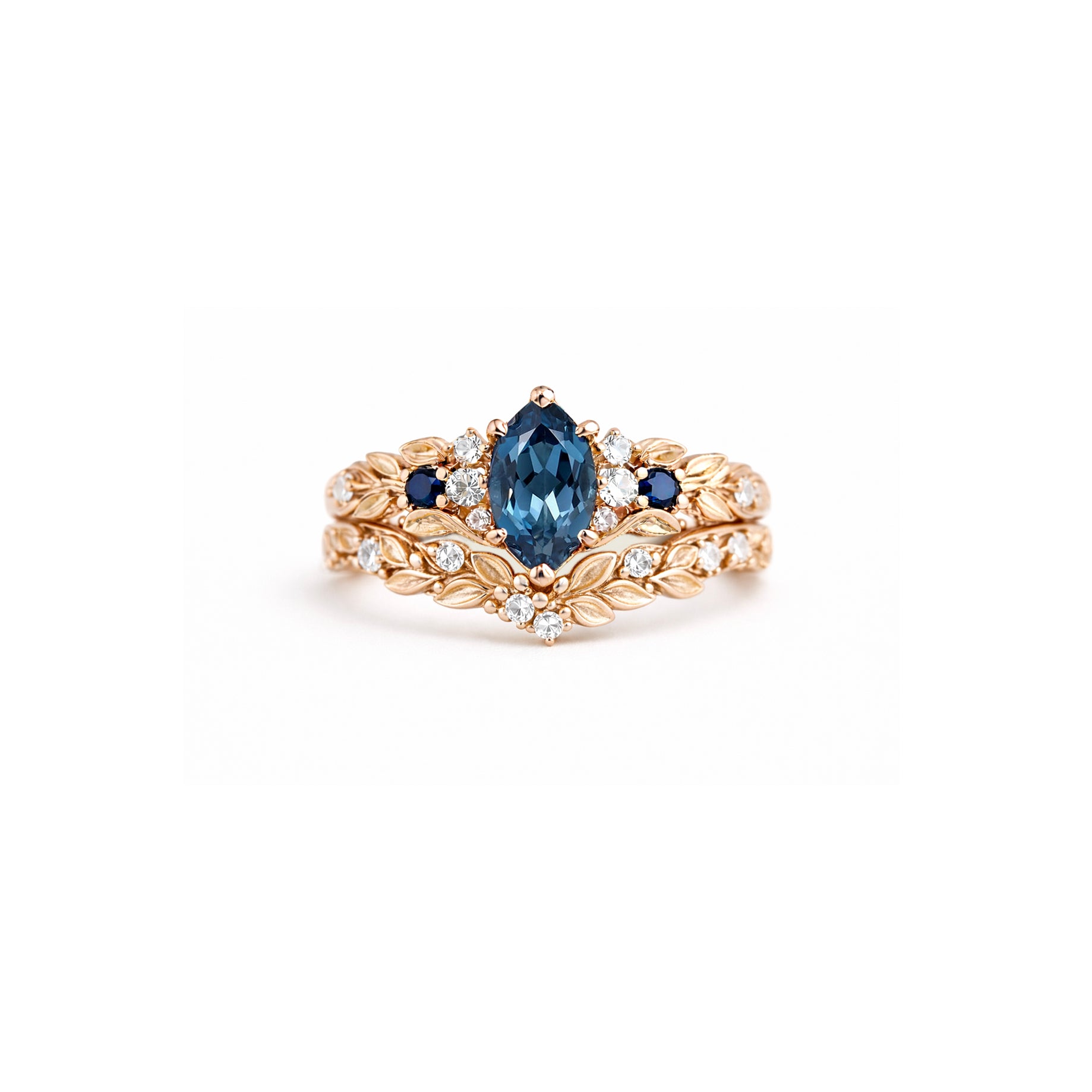 Twilight Vine 14k Gold Wedding ring, Blue London Topaz Wedding Ring set