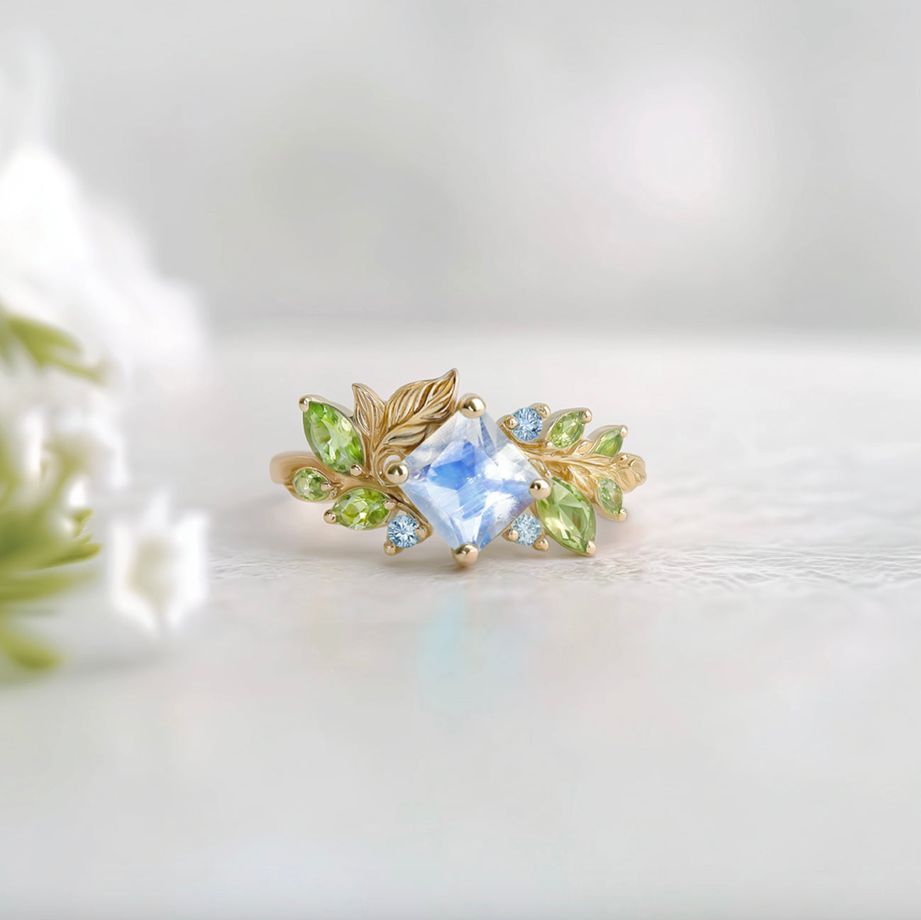 Dreaming Forest Moonstone Engagement Ring, Solid Gold Moonstone Ring