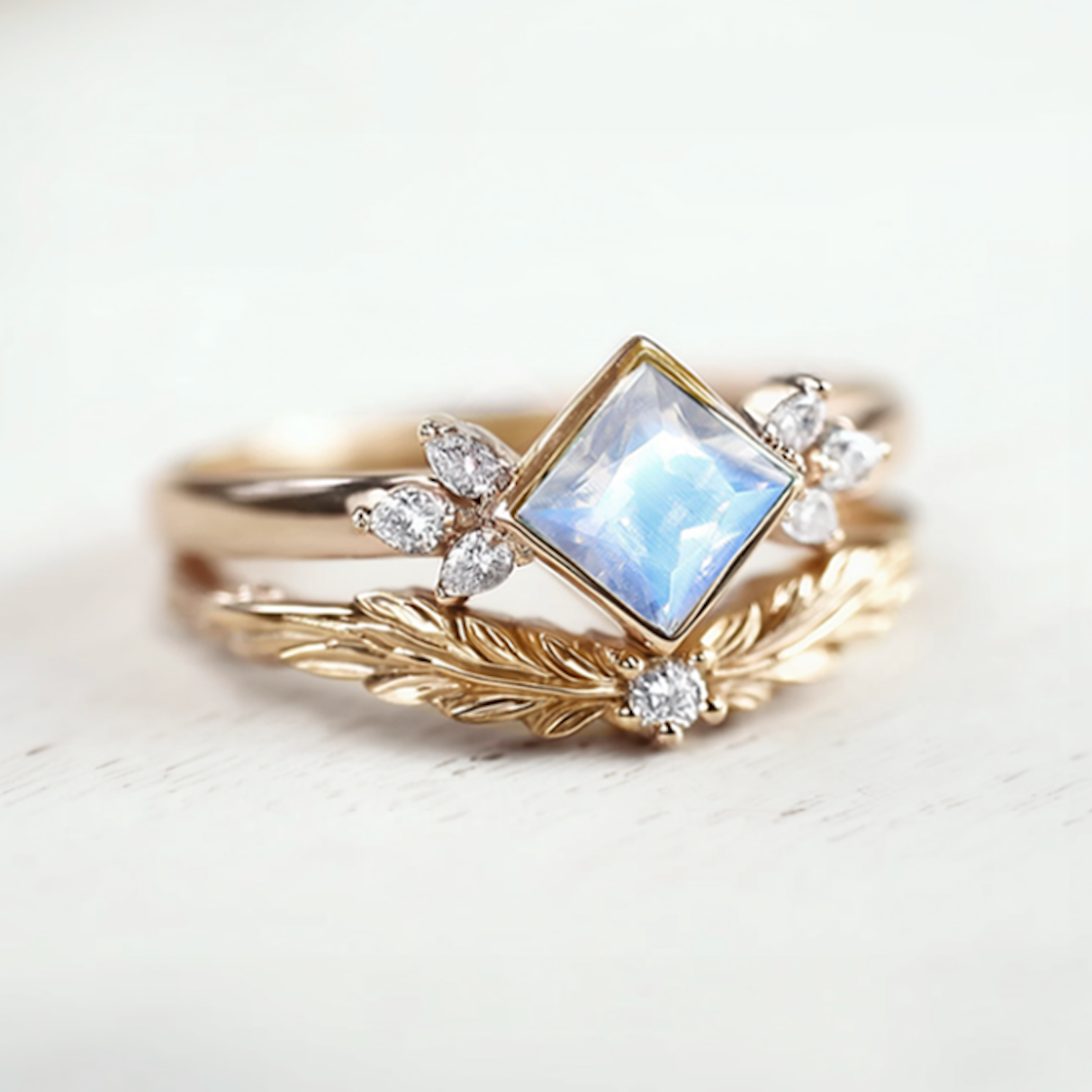 Moonstone Wedding Ring Set, Princess Cut Moonstone Ring