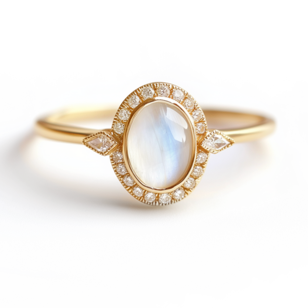Vela Moonstone Ring in Solid Gold, Moonstone Engagement Ring 14k Gold