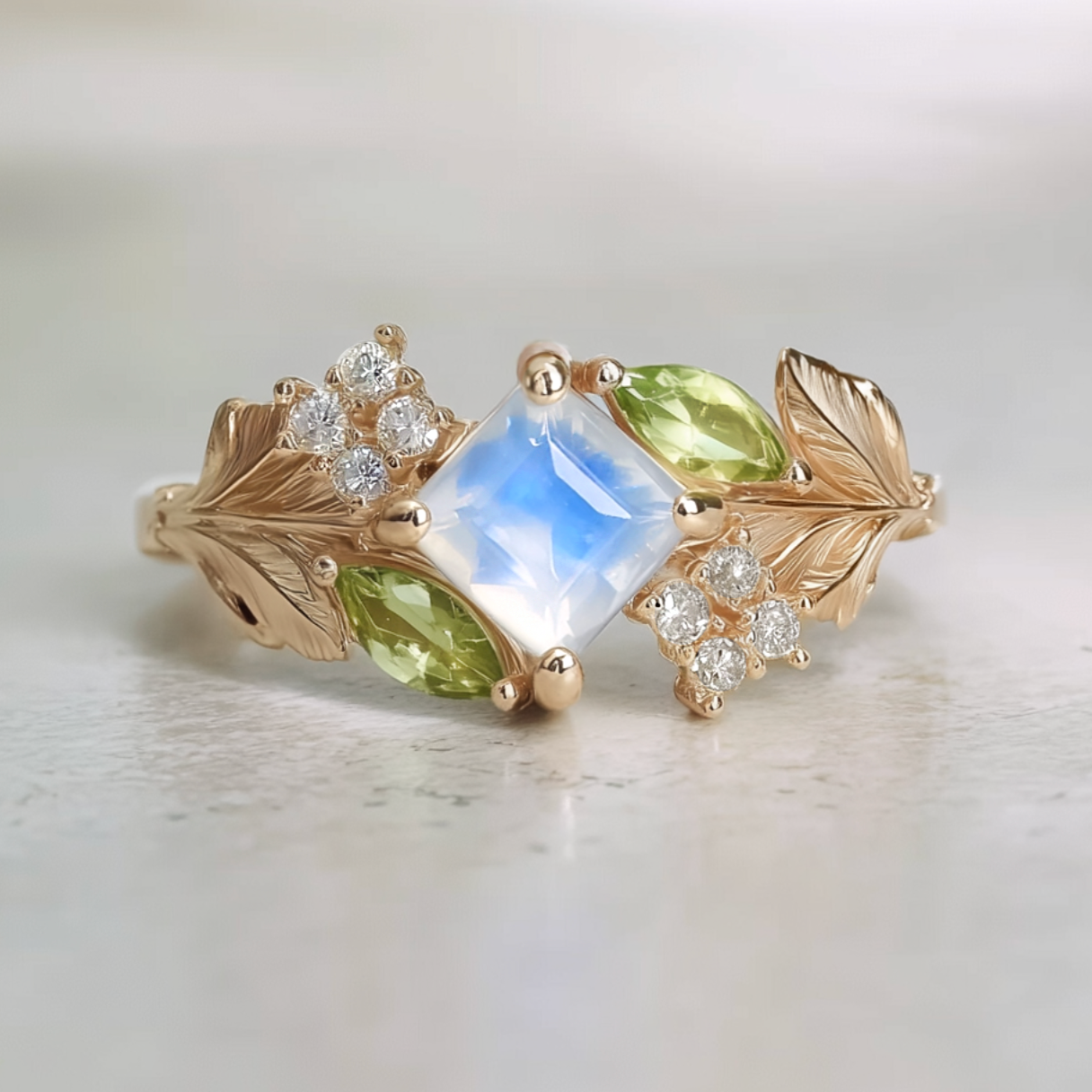 Gold ring with a central moonstone and leaf designs on a light background