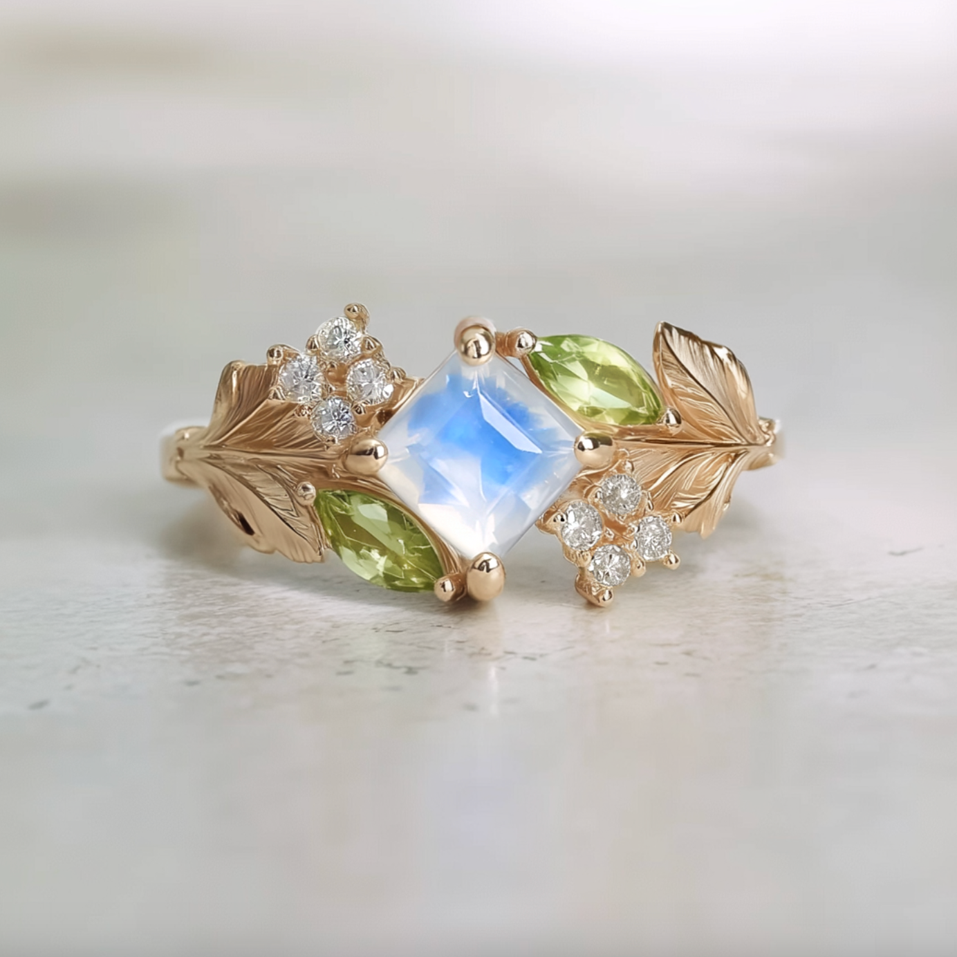 Gold ring with a central moonstone and leaf designs on a light background