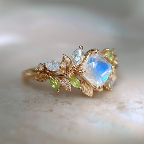 Gold ring with a square moonstone and smaller accent stones 