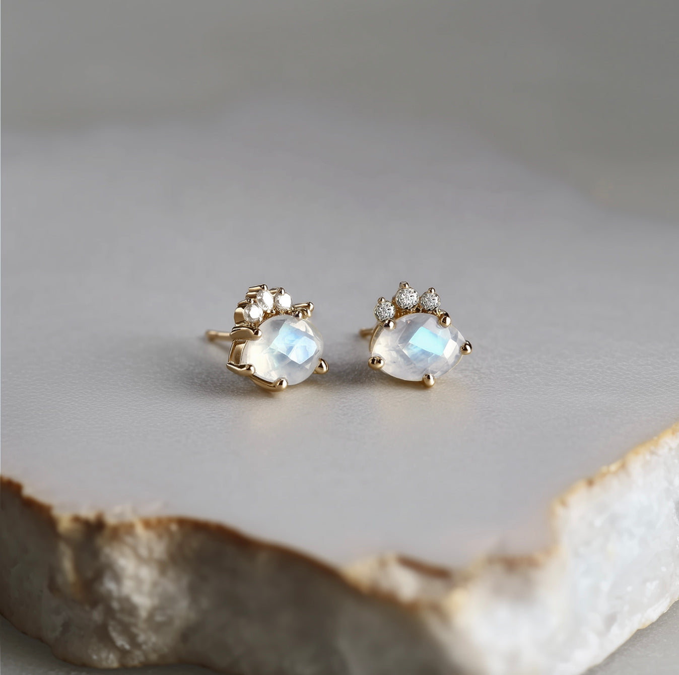 Dainty Moonstone Studs with Moissanite