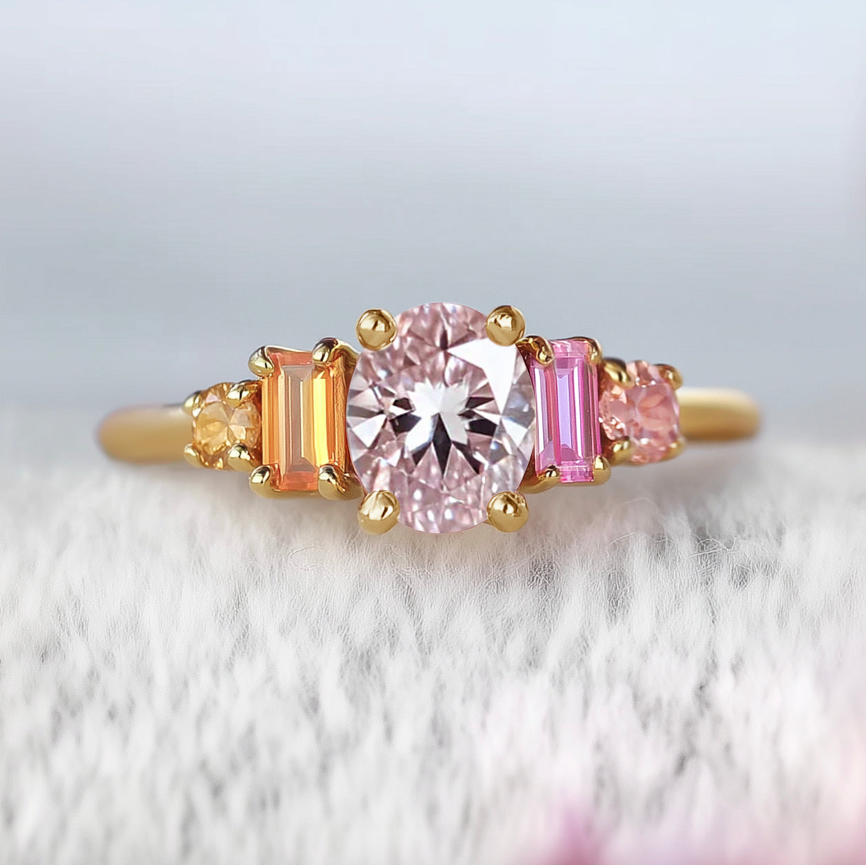 Birthstone Ring, Pink Morganite and Sapphire Ring, Multistone Engagement Ring