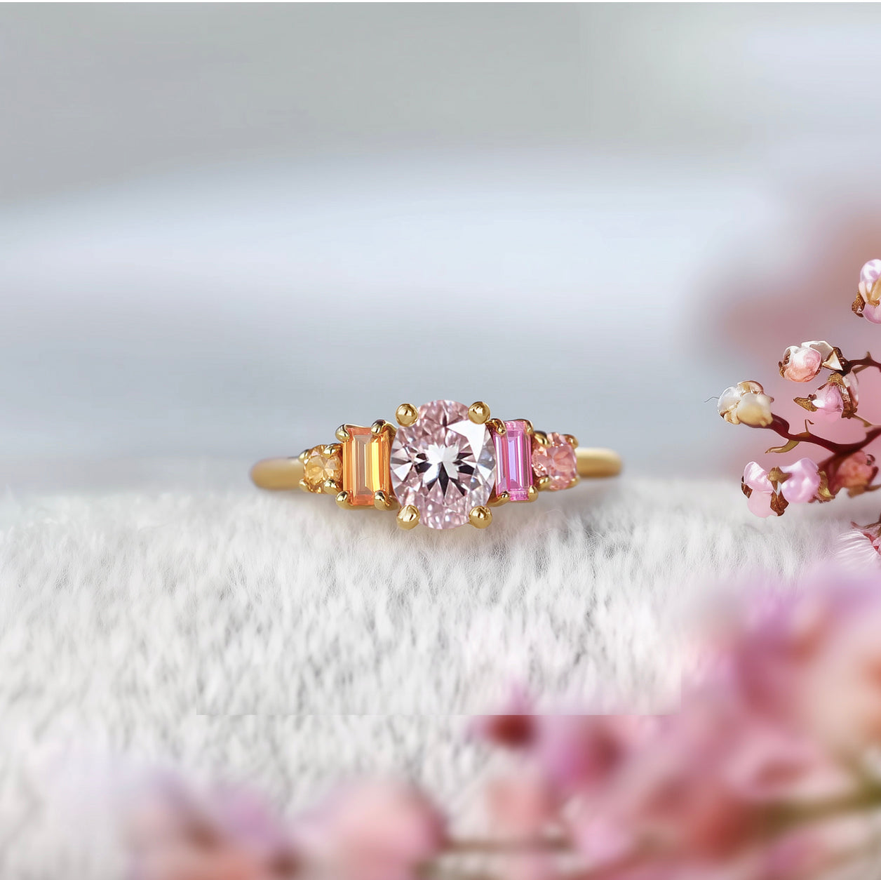 Birthstone Ring, Pink Morganite and Sapphire Ring, Multistone Engagement Ring