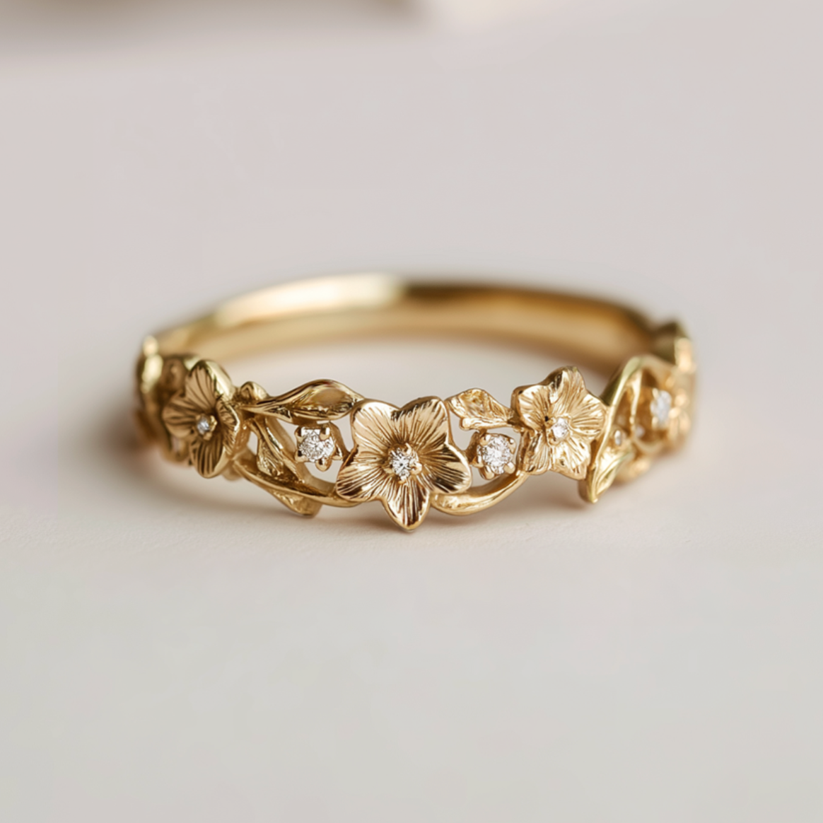 Morning Glory Wedding Band, Diamond Wedding Ring, Floral Wedding Band
