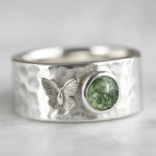 Load image into Gallery viewer, Green Moss Agate Wide Band for Men and Women, butter fly ring
