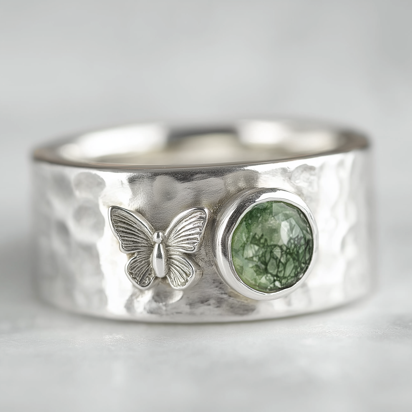 Green Moss Agate Wide Band for Men and Women, butter fly ring