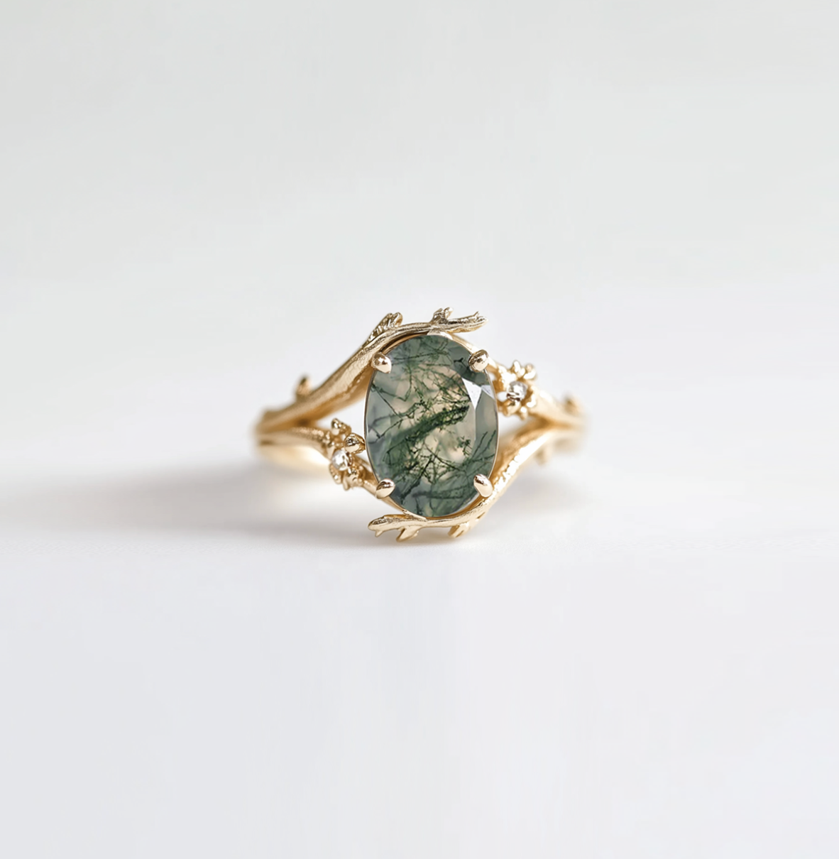 Myrren Oval Moss agate ring with diamond, Solid Gold Moss agate Engagement Ring