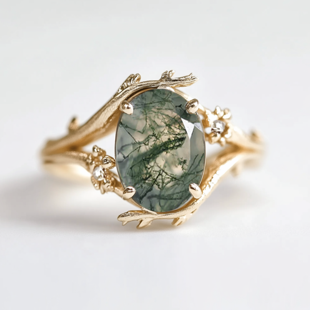 An oval moss agate ring with a textured band and two small accent diamonds, presented on a white background.