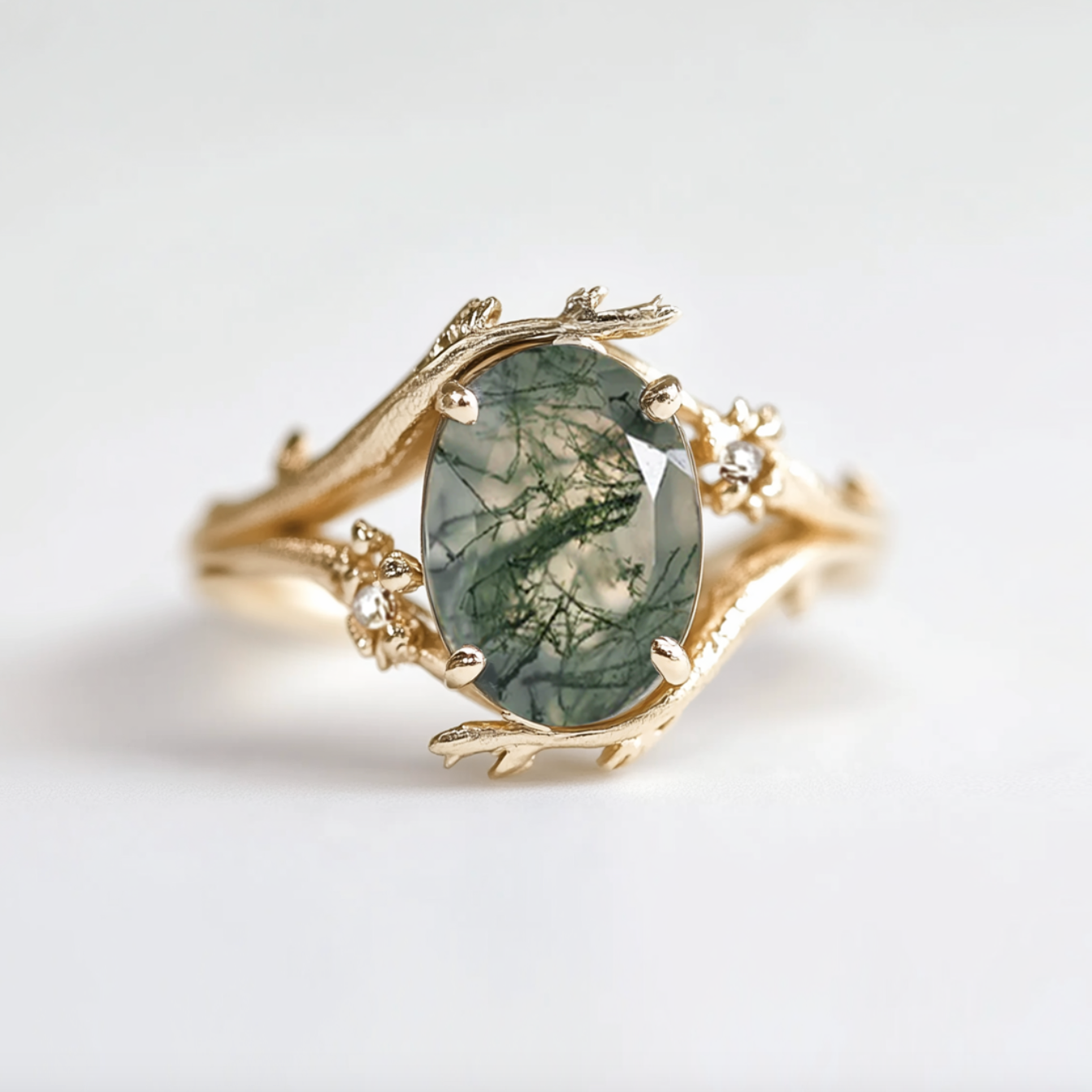 Myrren Oval Moss agate ring with diamond, Solid Gold Moss agate Engagement Ring