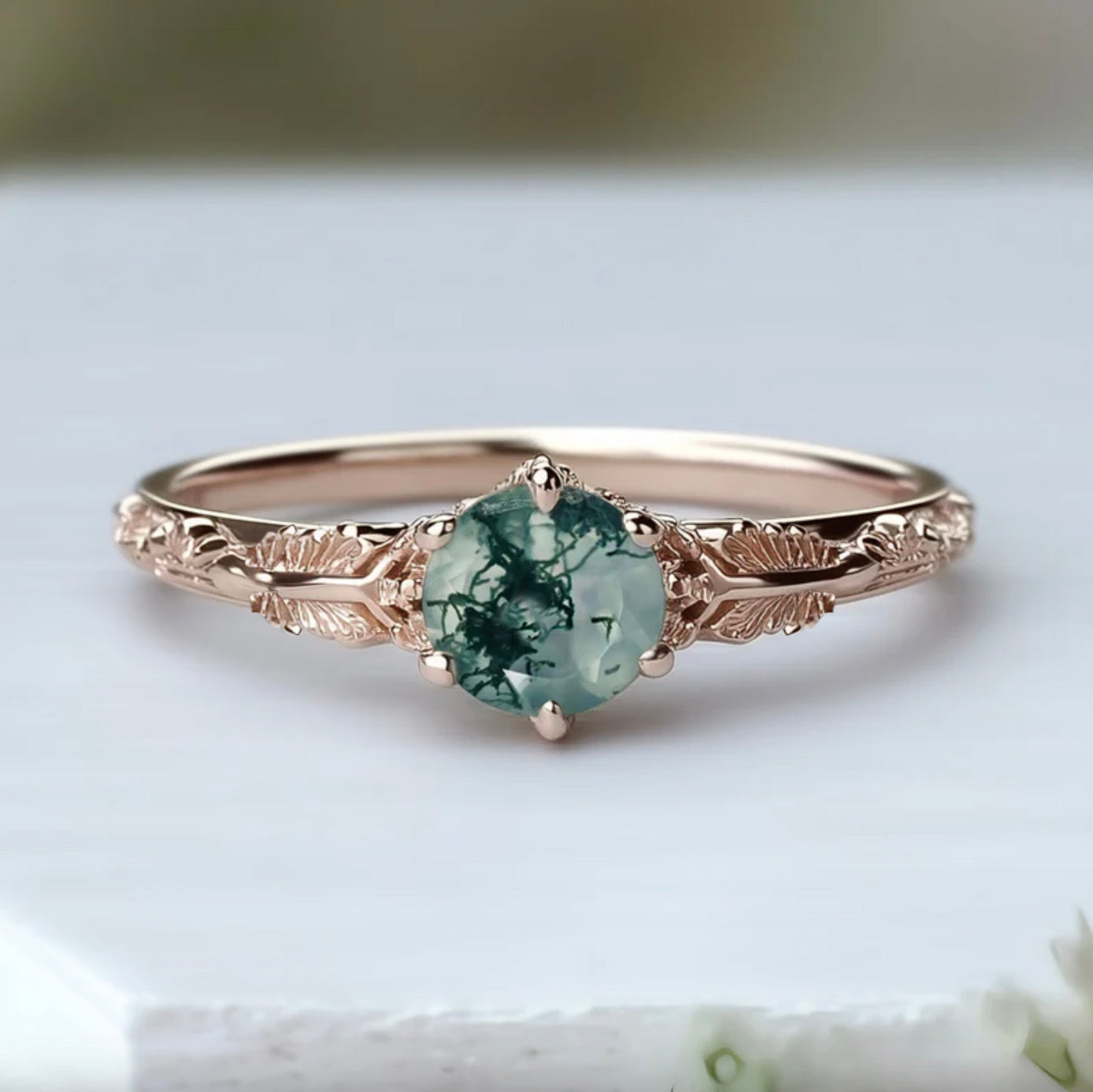 Elaren Ring 14k Round Moss agate Engagement ring, Moss agate Engraved Ring
