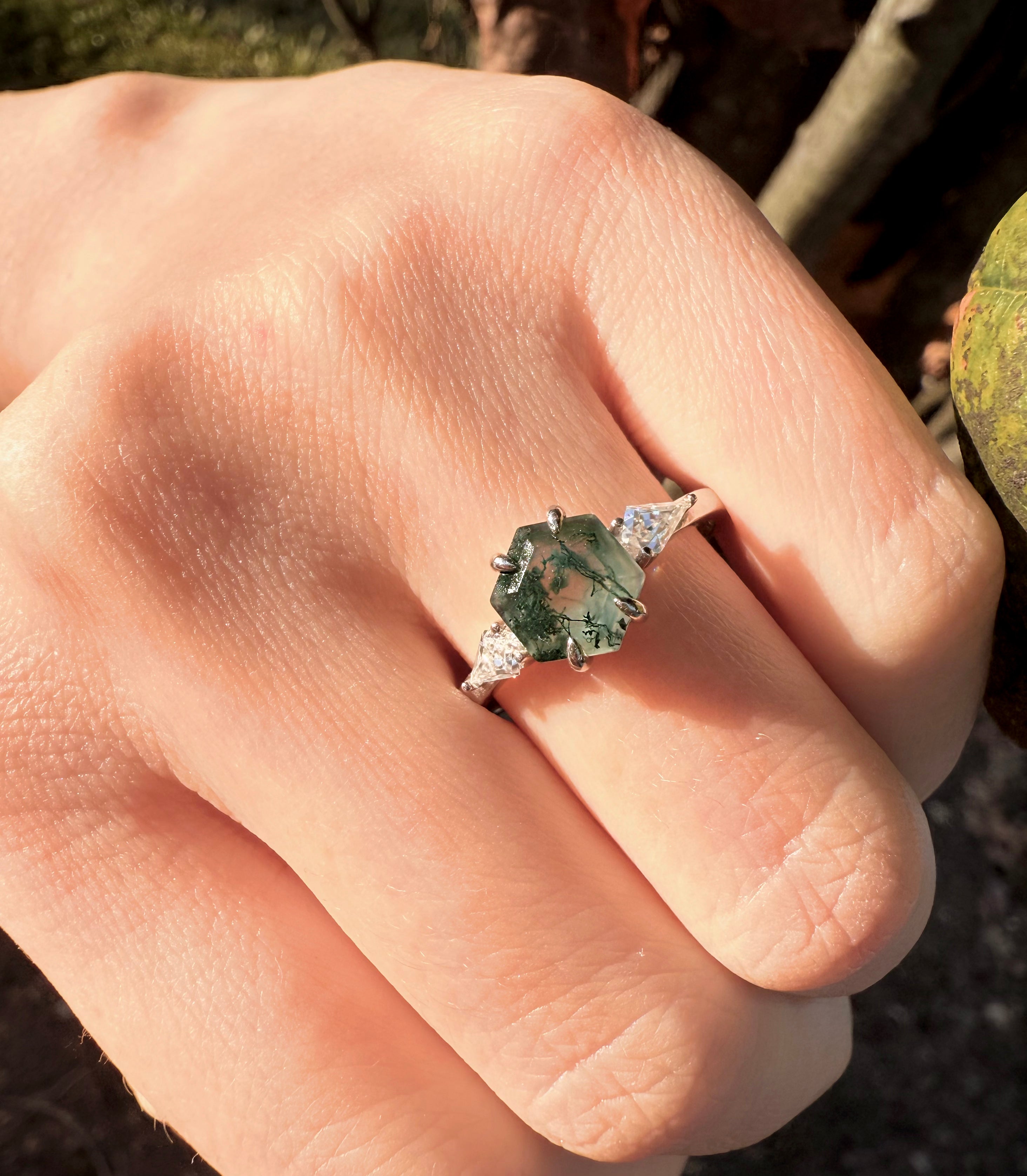 14k Gold Hexagon Moss agate ring, Engagement ring, Moss agate Ring