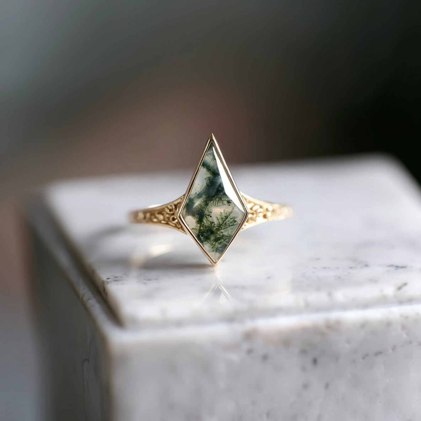 Kite Moss agate ring with diamond, Engagement ring, Moss agate Ring