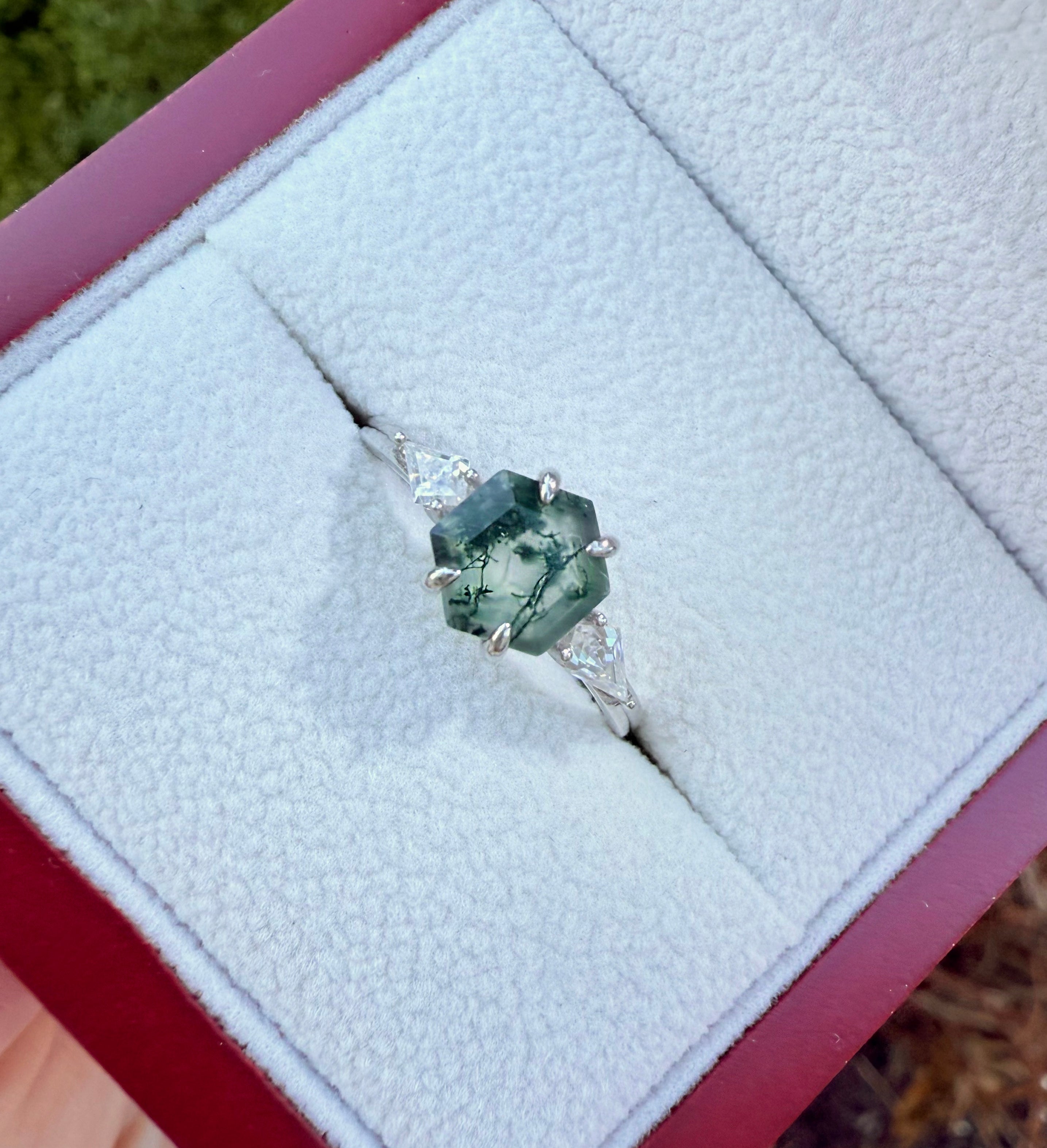 14k Gold Hexagon Moss agate ring, Engagement ring, Moss agate Ring