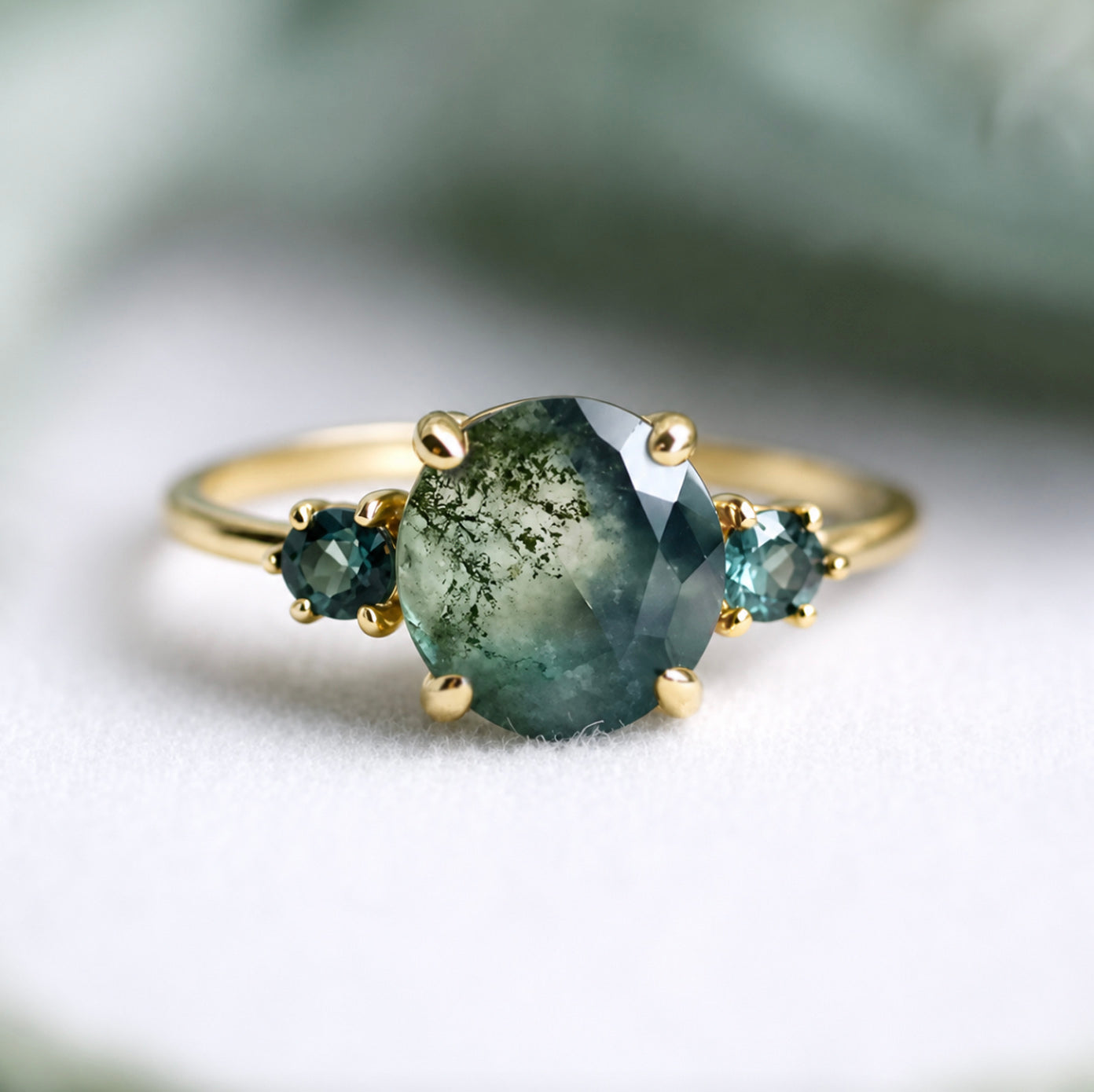 14k Gold Round Moss agate ring with diamond, Engagement ring, Moss agate Ring