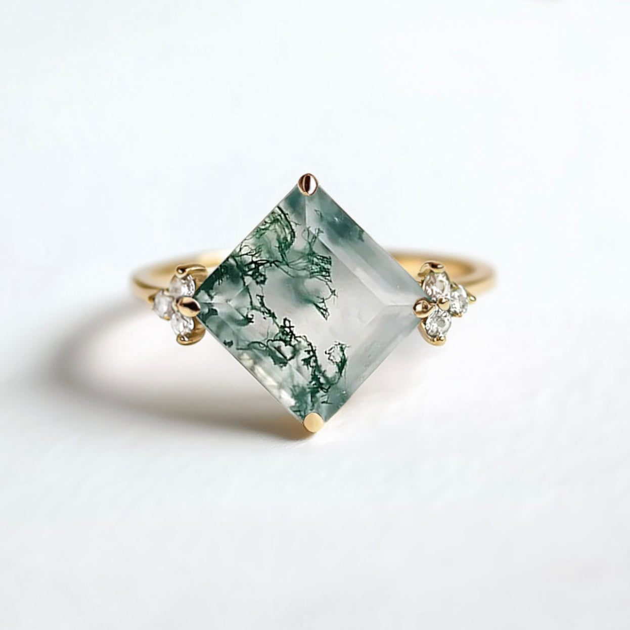 14k Gold Square Moss agate ring with diamond, Engagement ring, Moss agate Ring