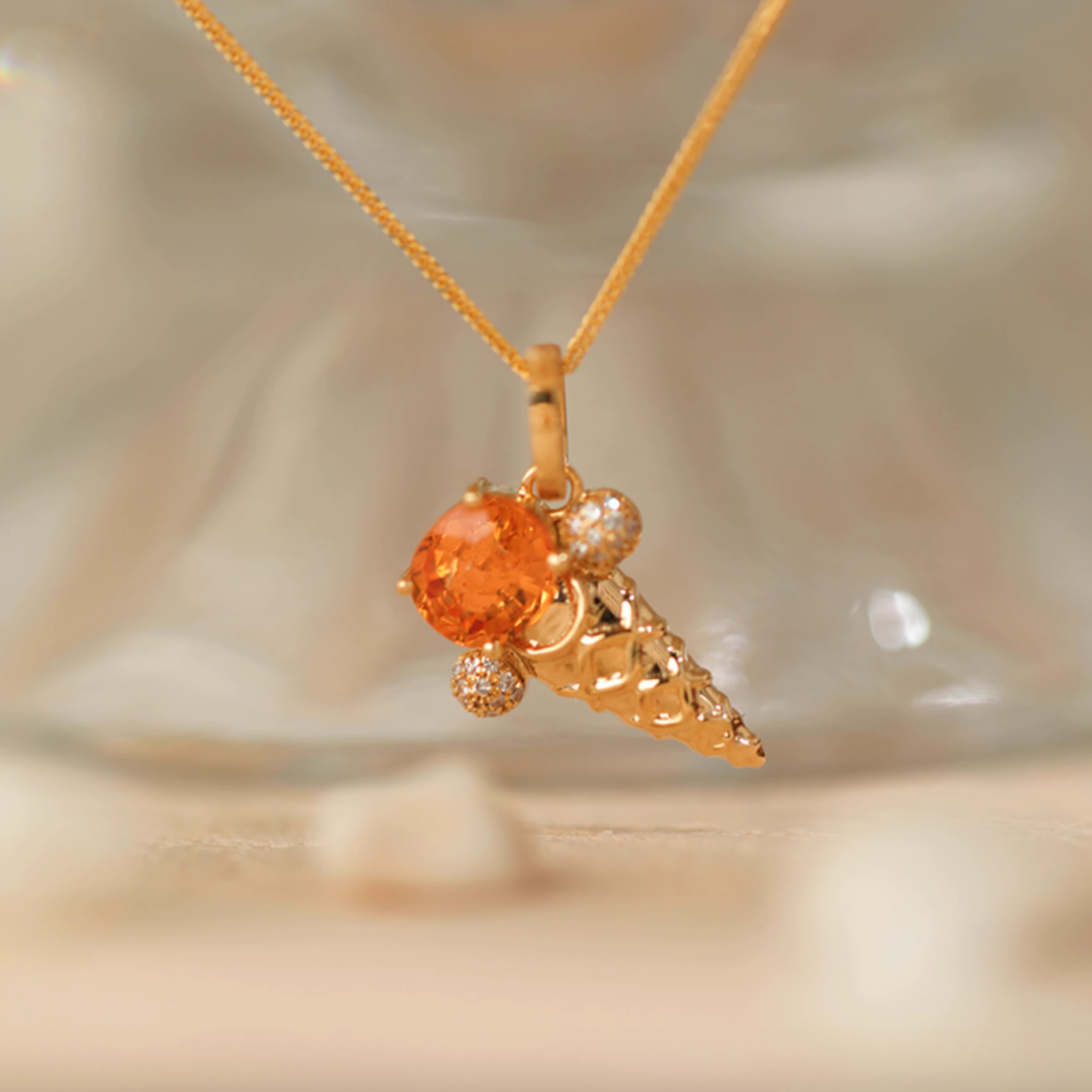 Ice Cream Cone Fanta Garnet 18k Gold Necklace, Spessartine garnets Necklace, Orange Garnet Pendant