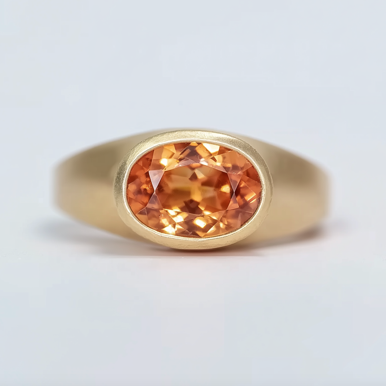 Gold ring with a orange gemstone on a light gray background