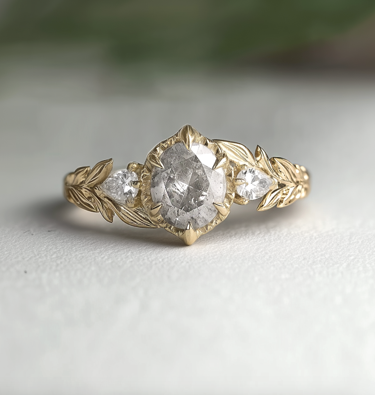 Gold ring with central diamond and two side stones on a light background