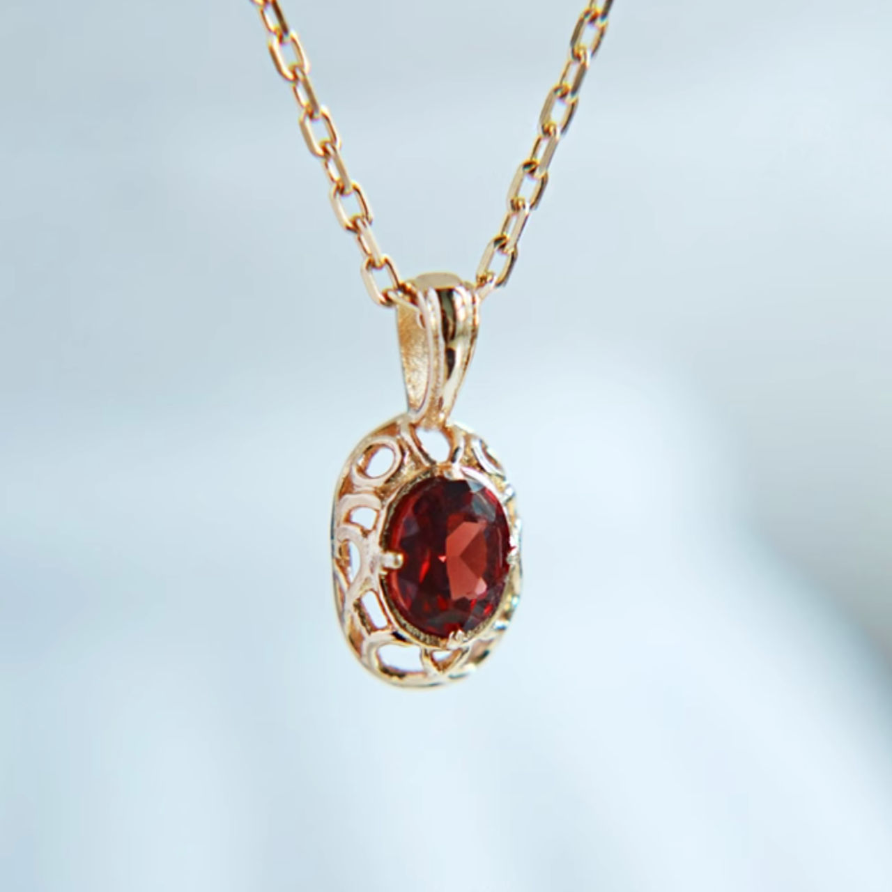 Natural Oval Garnet Necklace Sterling silver, Dainty Red Garnet Birthstone Pendant