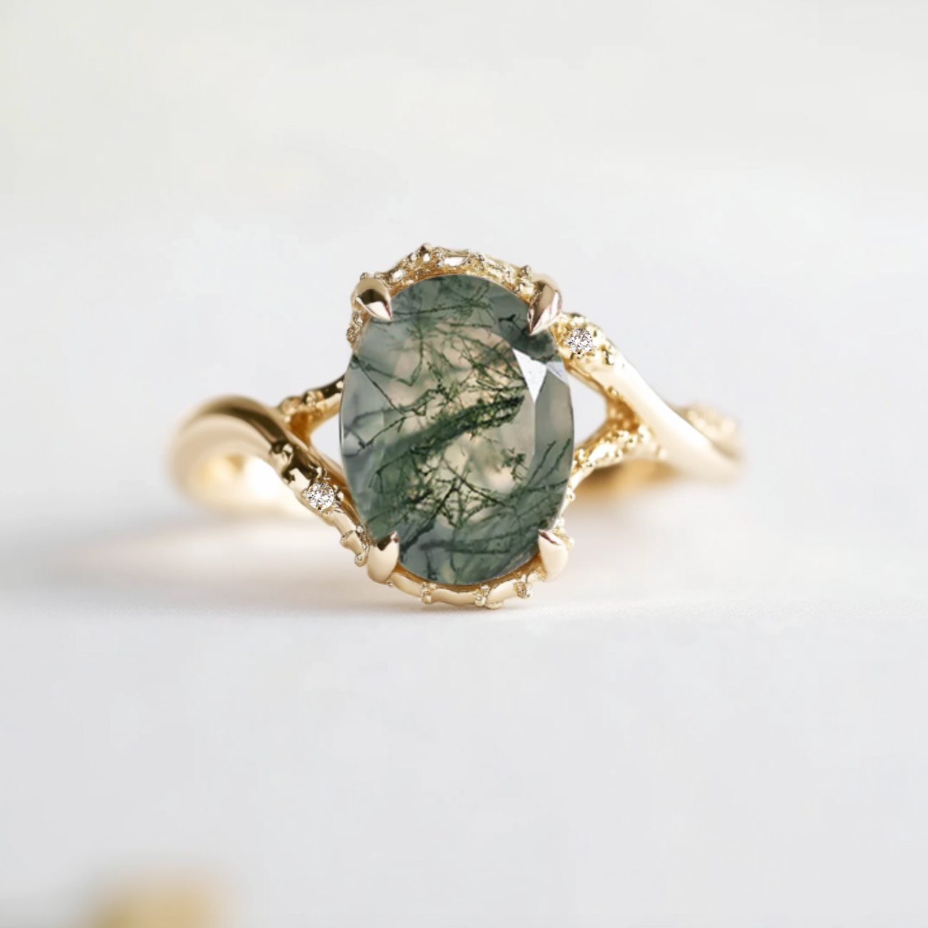 Mirelle Oval Moss agate ring with diamond, Engagement ring, Solid Gold Moss agate Ring