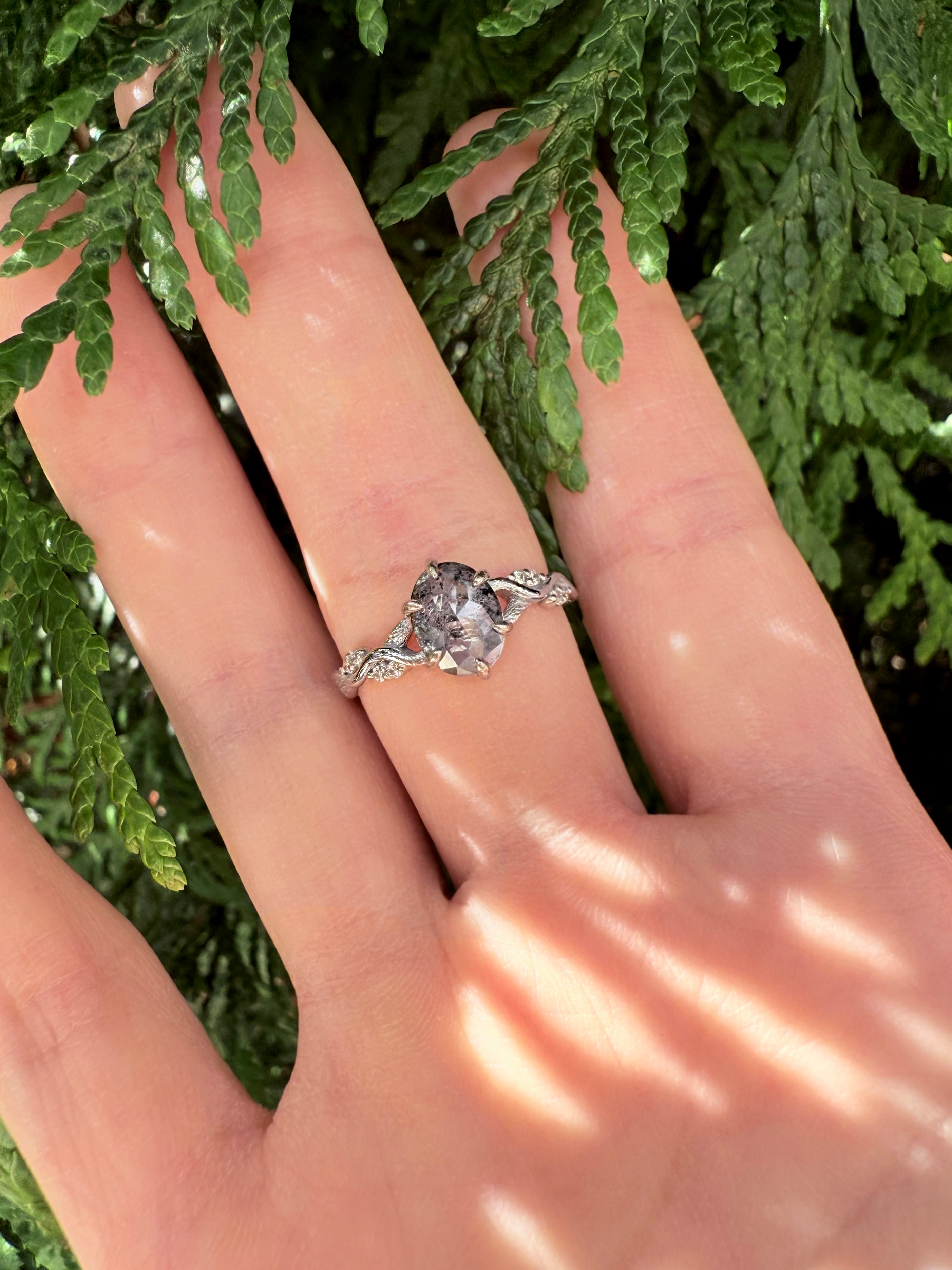 Nebrisa Salt and Pepper Diamond Ring, Oval Salt and Pepper Diamond Engagement Ring