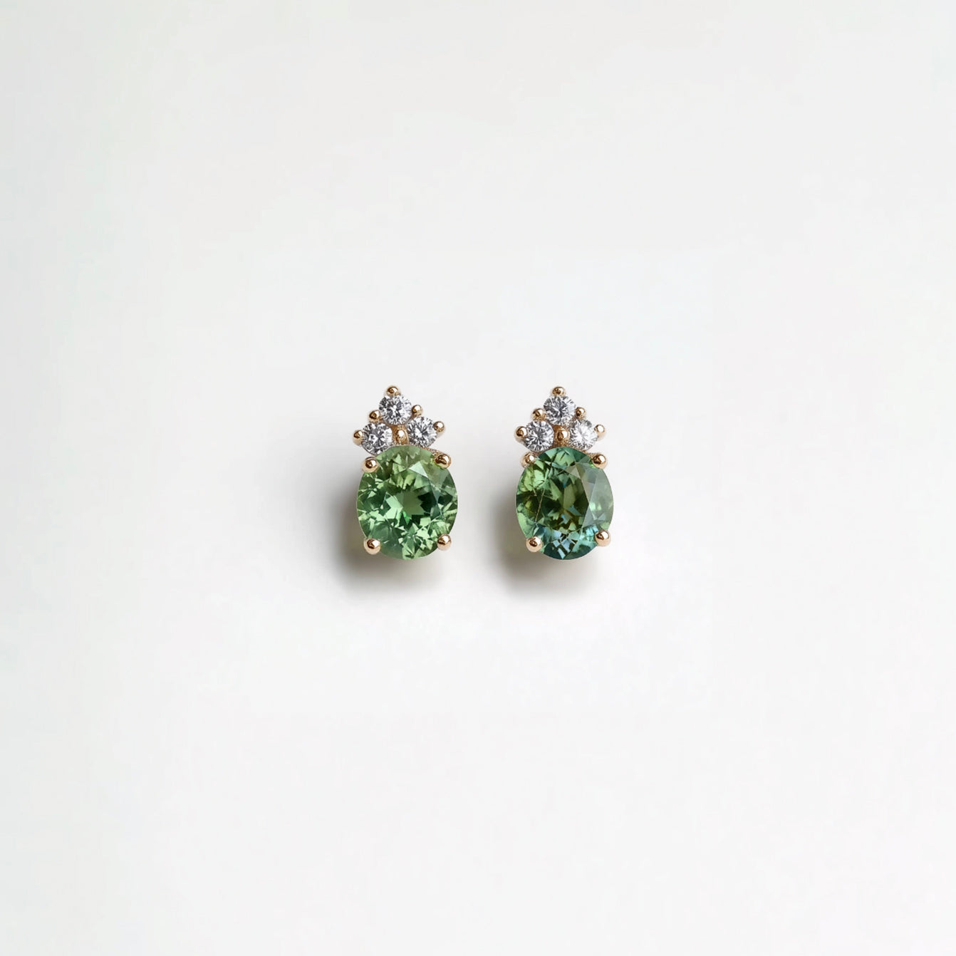 Oval Blue Green Sapphire Stud Solid Gold, Brilliant Cluster Studs, Sapphire stud