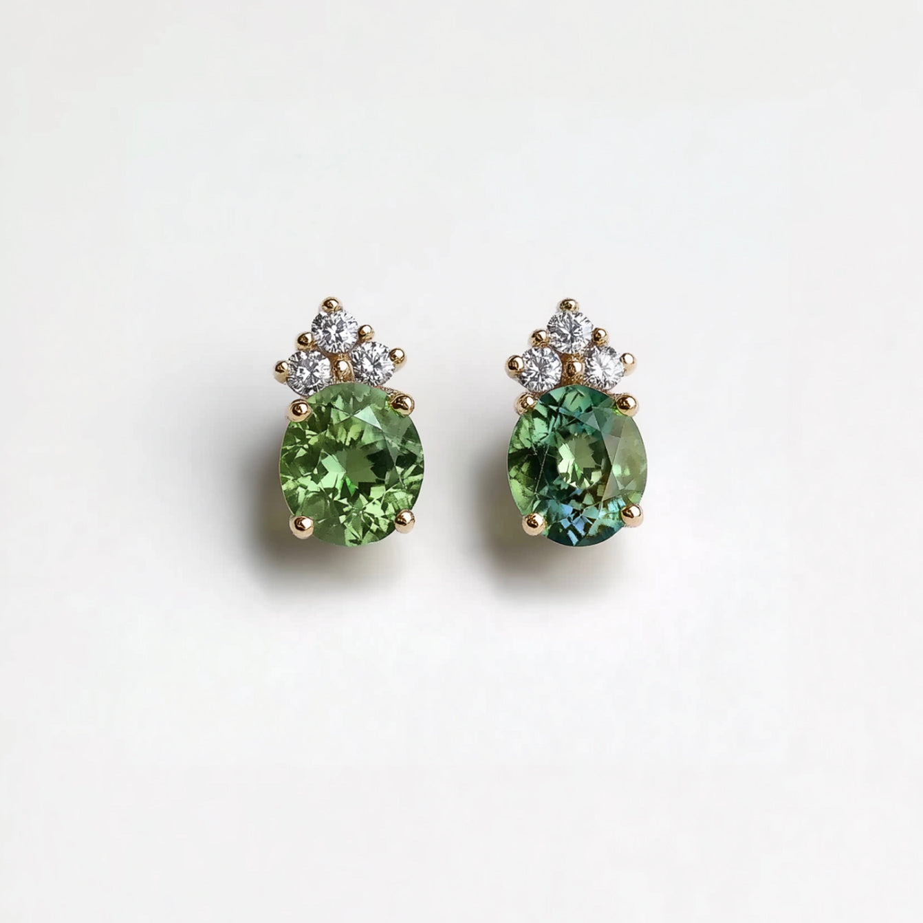 Oval Blue Green Sapphire Stud Solid Gold, Brilliant Cluster Studs, Sapphire stud