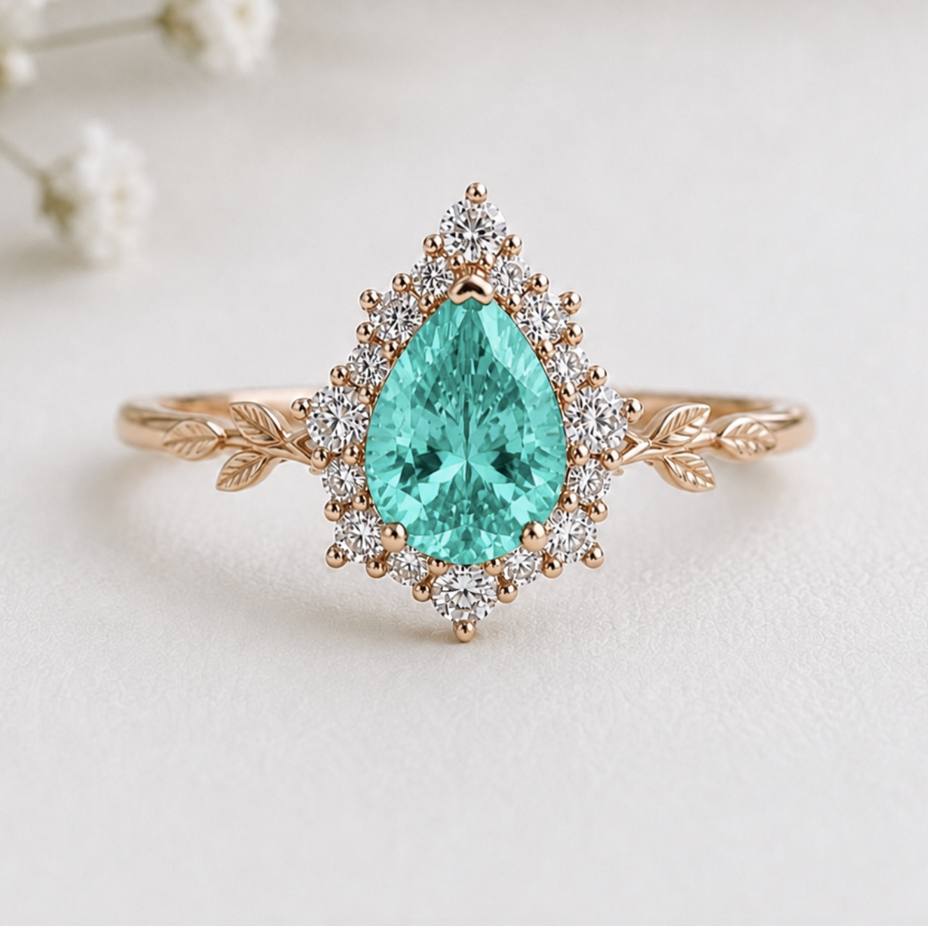 A pear-cut turquoise gemstone ring in a rose gold setting with a halo of small clear stones and leaf-shaped band details, photographed on a soft light gray background.