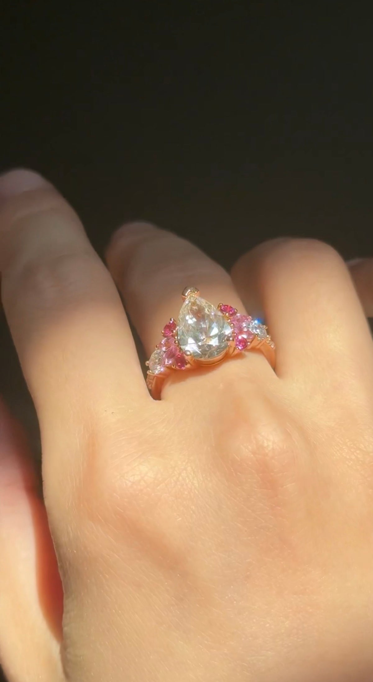 Pear lab diamond ring with tourmaline accents
