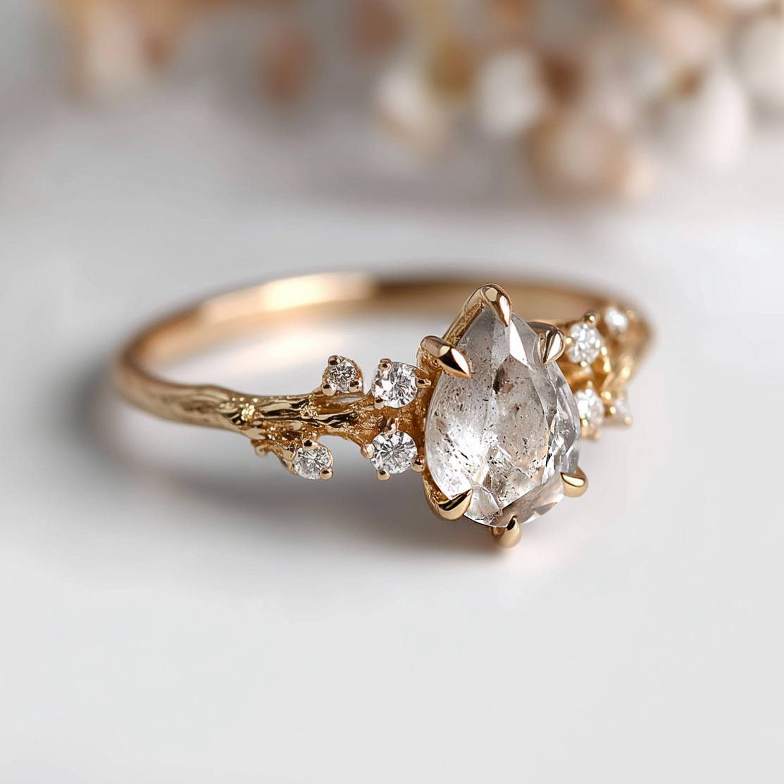 Gold ring with a large teardrop-shaped diamond and smaller diamonds on a light background